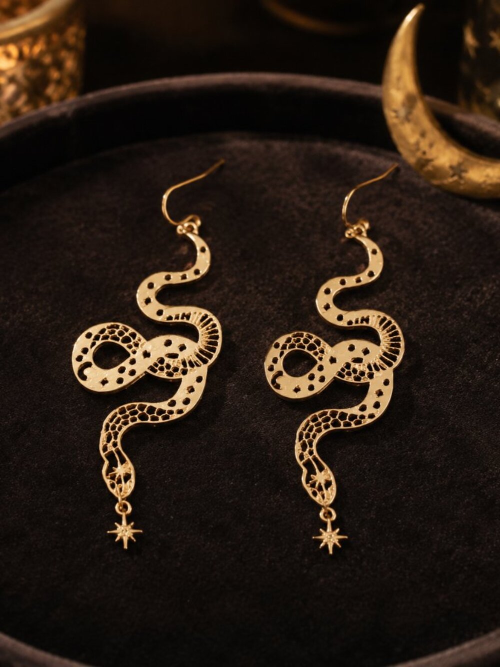 Gold Snake Dangle Earrings Cutout Serpent Star Charm Statement NWT